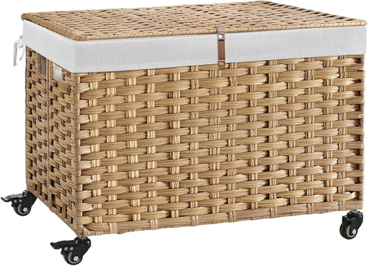 Rolling Storage Basket with Lid, 47.6 Gallon (180L) Storage Bin with Wheels, Woven Rattan Blanket Storage Basket with Handles, Foldable, Metal Frame, Removable Liner for Bedroom, Laundry Room, Natural