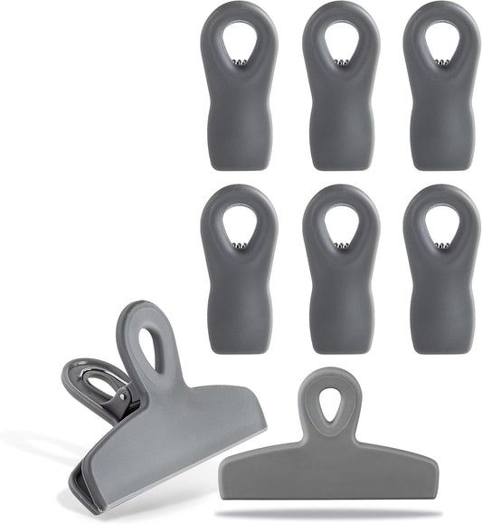COOK WITH COLOR Bag Clips - Heavy Duty Chip Clip and Refrigerator Magnet Clips for Food Storage with Air Tight Seal Grip, Grey, Pack of 8