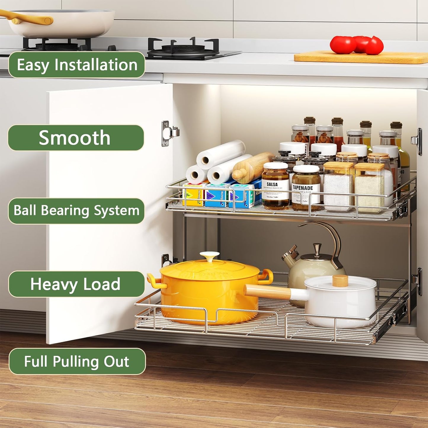 2 Tier Individual Pull Out Cabinet Organizer 27" W x 21½" D, Heavy Duty Cabinet Pull Out Shelves, Slide Out Drawers Organization for Kitchen Cabinets Bathroom