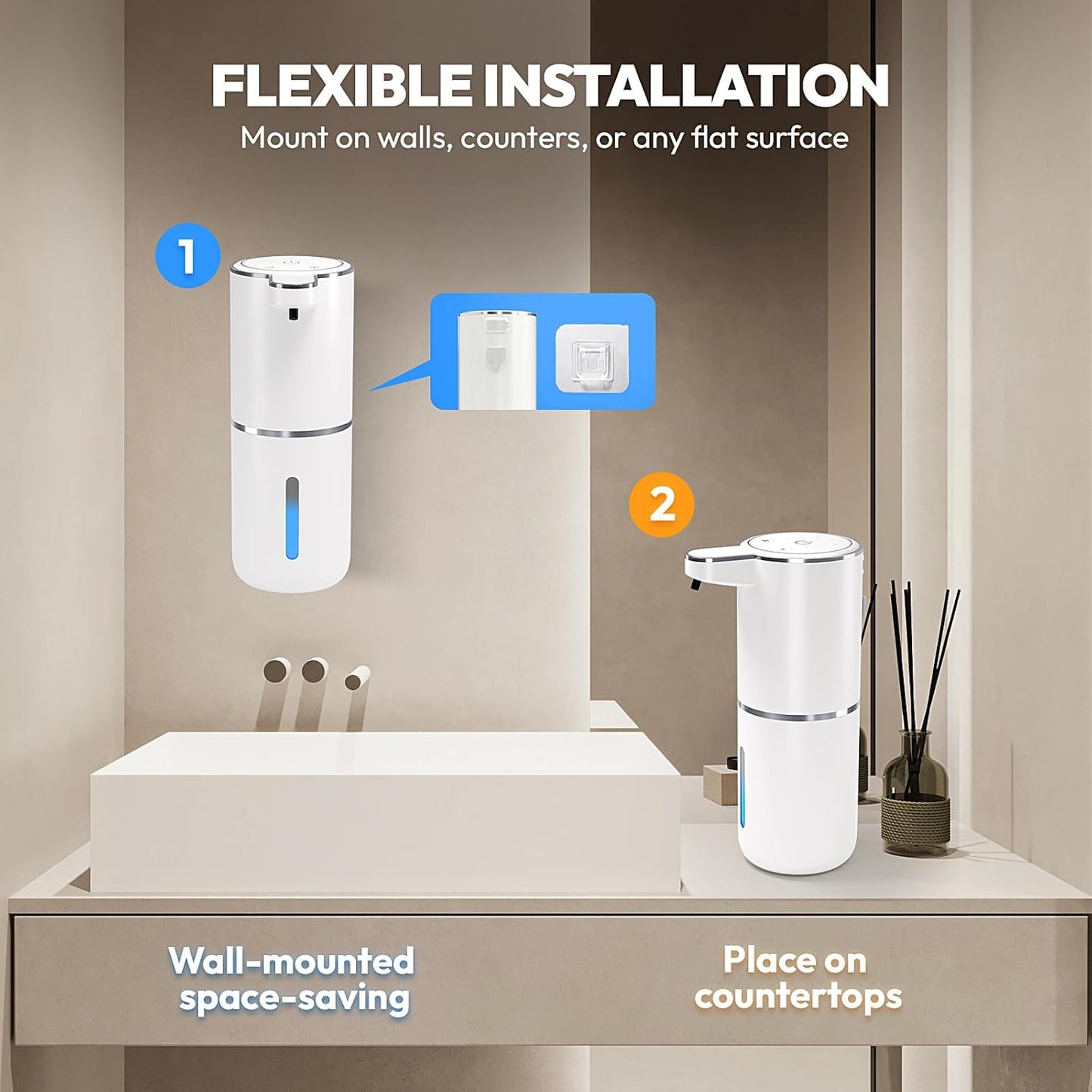 2 Pack Automatic Foaming Soap Dispenser,Touchless Foam Soap Dispenser,12.8oz Rechargeabled Wall Mounted Smart for Bathroom and Kitchen Dish Soap,Easy for Toddlers(White)