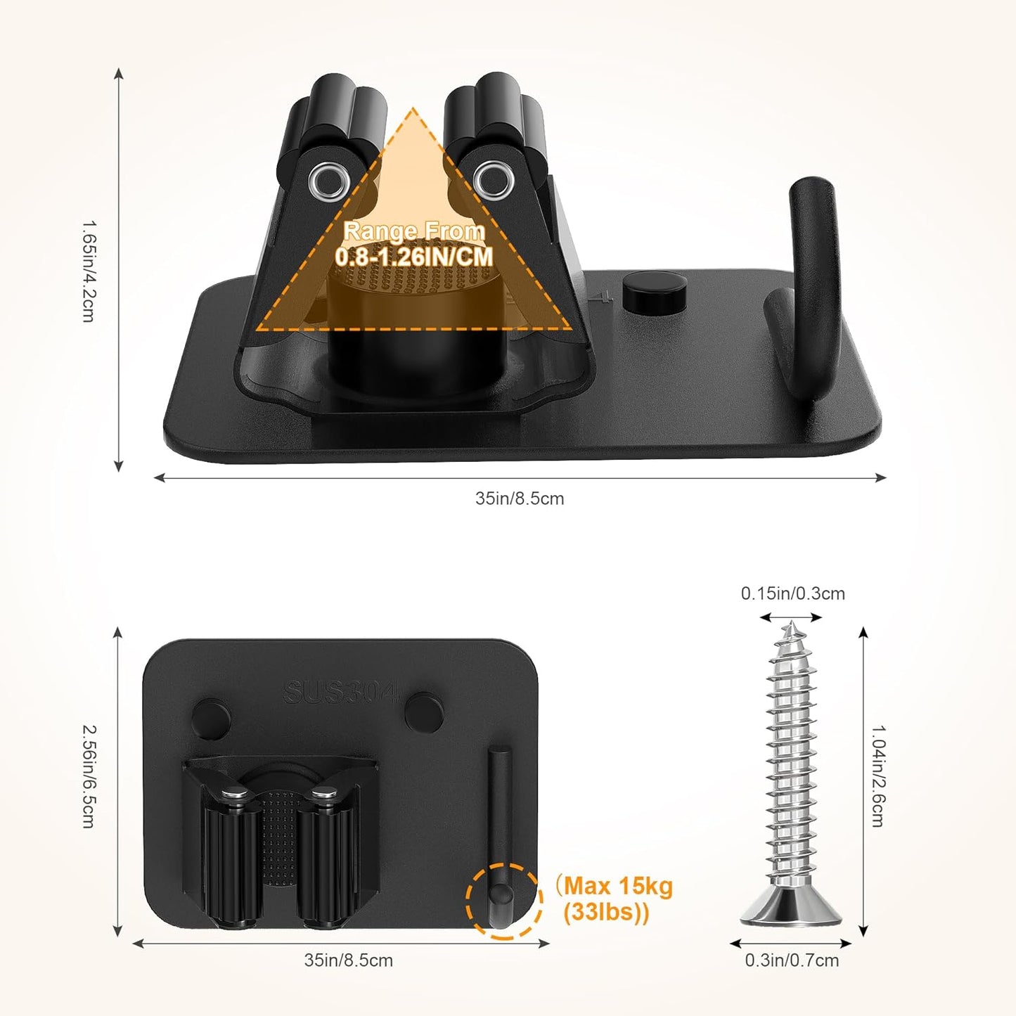 4 Pack Stainless Steel Broom Holder Wall Mount with Hook, Screw Drilling Broom and Mop Organizer Wall Hanging, Heavy Duty Storage Rack for Laundry Garage Closet Garden Tool Organizer, Black