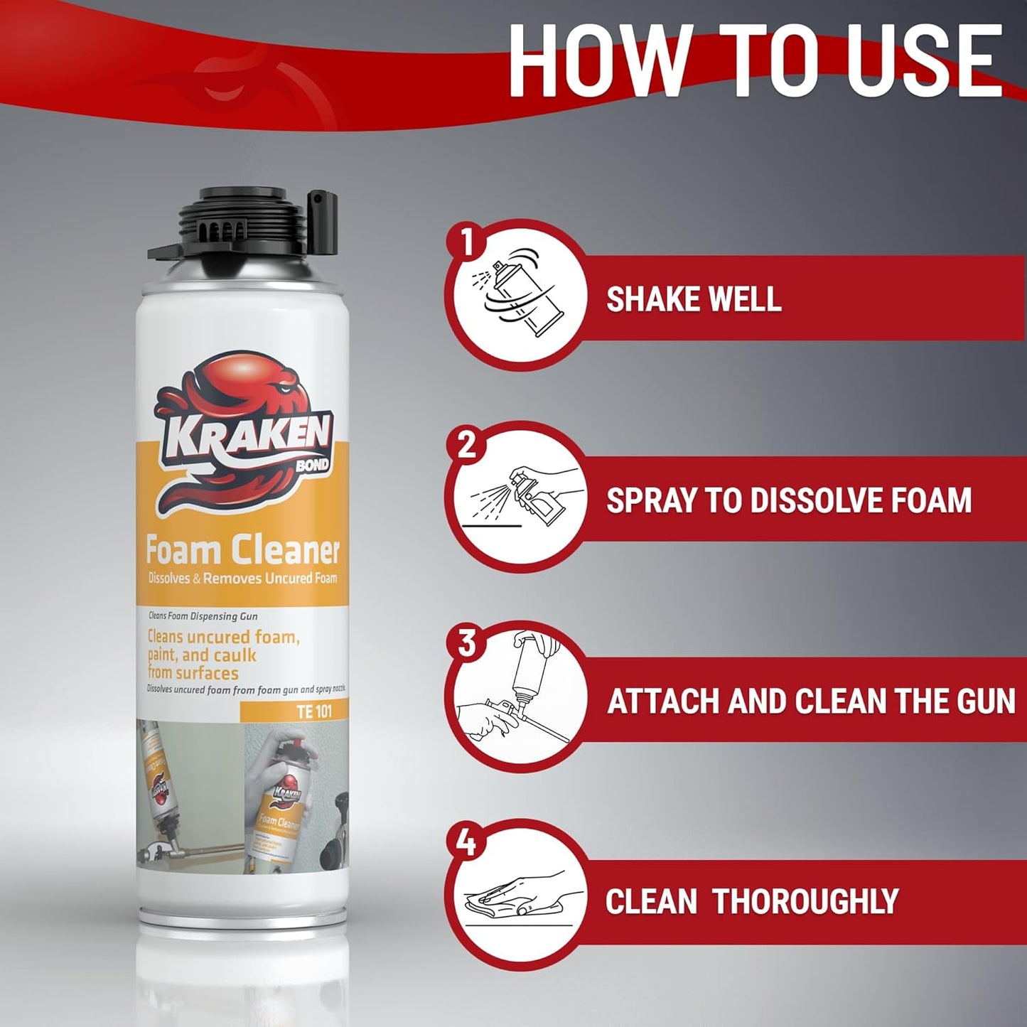 Kraken Bond Spray Foam Gun Cleaner - (24x12.3oz) Polyurethane Insulation Cleaner Spray, Dissolves Uncured Expanding Foam Cleaner Spray for Extended Tool Durability - 24 Pack