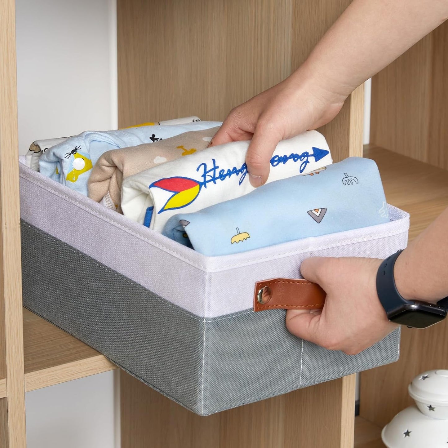 DULLEMELO Small Storage Basket for Organizing, Grey Basket Cloth Storage Bins for Shelves, Foldable Fabric Bins for Home Storage and Organization, White&Deep Grey, 1-Pack