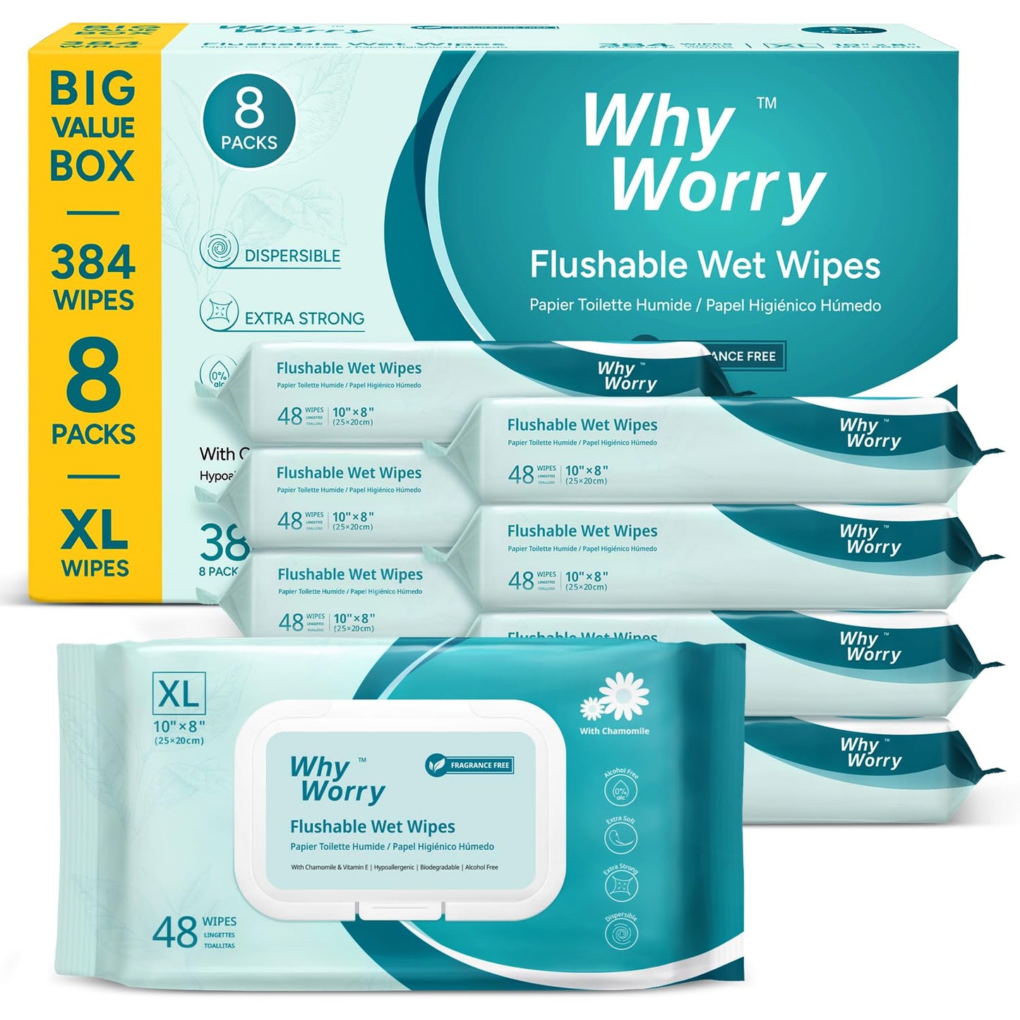 WhyWorry Flushable Wipes for Adults, Extra Large 8"x10" Butt Wipes for Personal Hygiene & Cleansing, Chamomile and Vitamin E, 100% Plant-Based, Septic & Sewer Safe, Unscented, 384 Count (8 Packs)