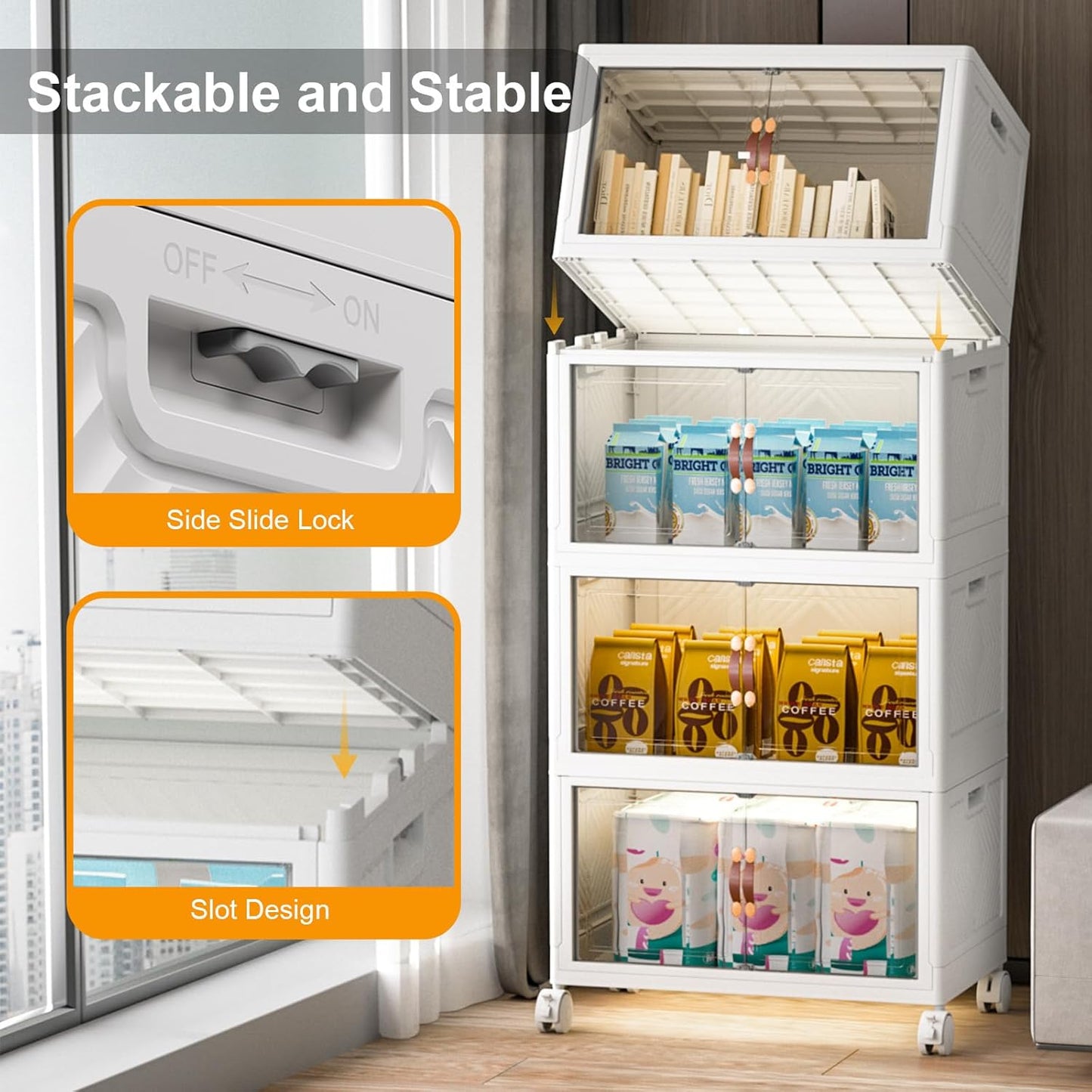 Extra Large Stackable Storage Bins with Lids & Wheels & Door, 448QT-112QT/28GAL*4Pack Foldable Collapsible Closet Organizers, Plastic containers drawers for bedroom Dorm