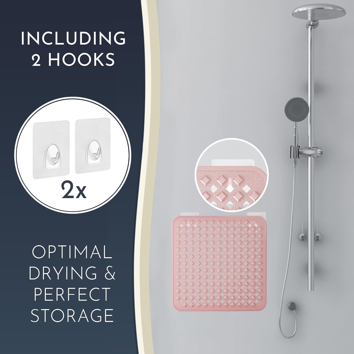 Homerella Anti Slip Shower Mat | Anti Mold Non Slip Bathtub Mat for Inside Shower | Square Floor Shower Mat 21 x 21 inch with Suction Cups for Grip & Hooks Hanging and Quick Drying | Machine Washable