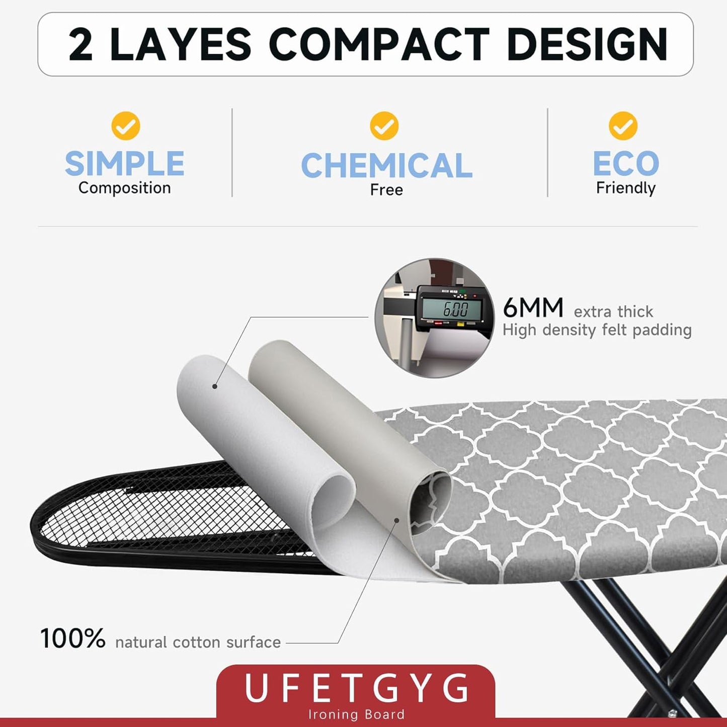 Ironing Board with Silicone Iron Rest pad,Extra Thick Cover,14x54 Compact and Space Saver Iron Board, Height Adjustable,Stable Structure, Easy to Fold, White and Gray