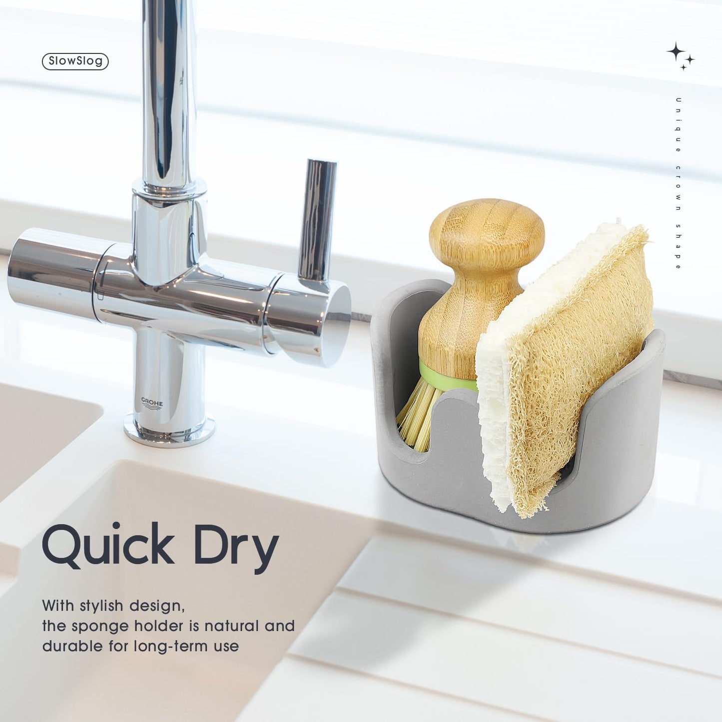 Double Sponge Holder, 2 Slots Diatomite Stone Sponge Holder, Absorbent Sponge Stand for Kitchen Sink, Quick Dry Dish Brush Holder Kitchen Sink Organizer, Gray