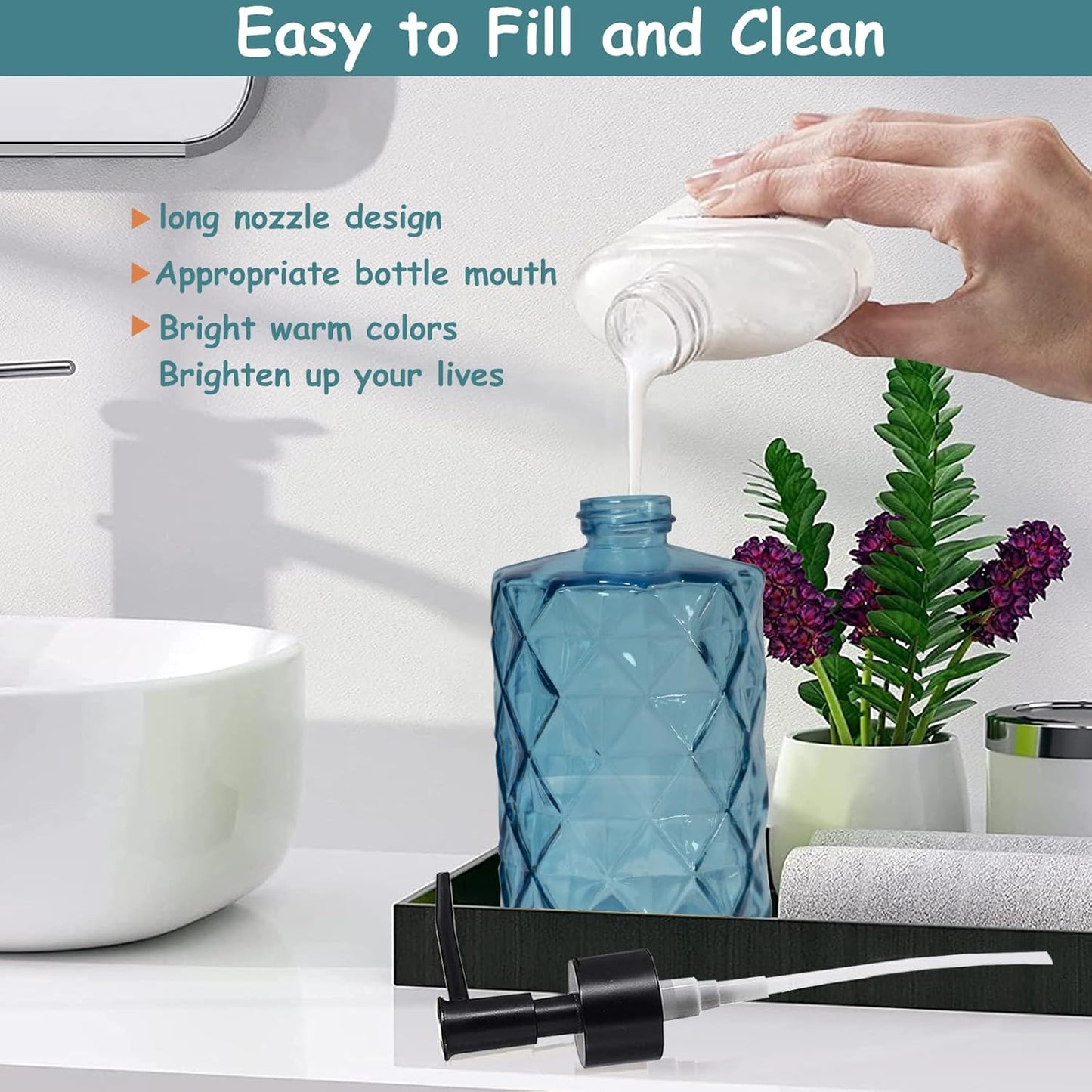 Blue Glass Soap Dispenser with Black Plastic Pump, 12oz Refillable Liquid Hand Soap Dispenser, Crystal Lotion Bottle for Modern Home Decor, Bathroom, Kitchen Countertop, Hotel