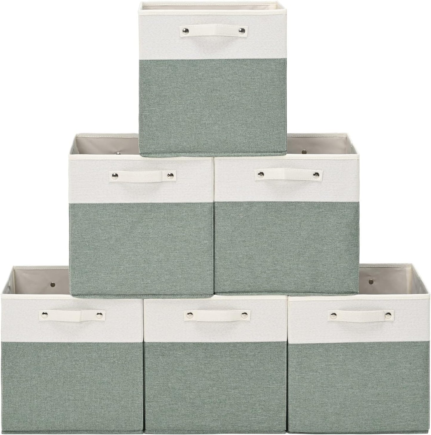 13 x 13 Inch Fine Linen Storage Bins with Handles，Fabric Cube Boxs，Collapsible Basket Organizers for Shelves for Home, Closet Drawers (White/Green-6 Pack)