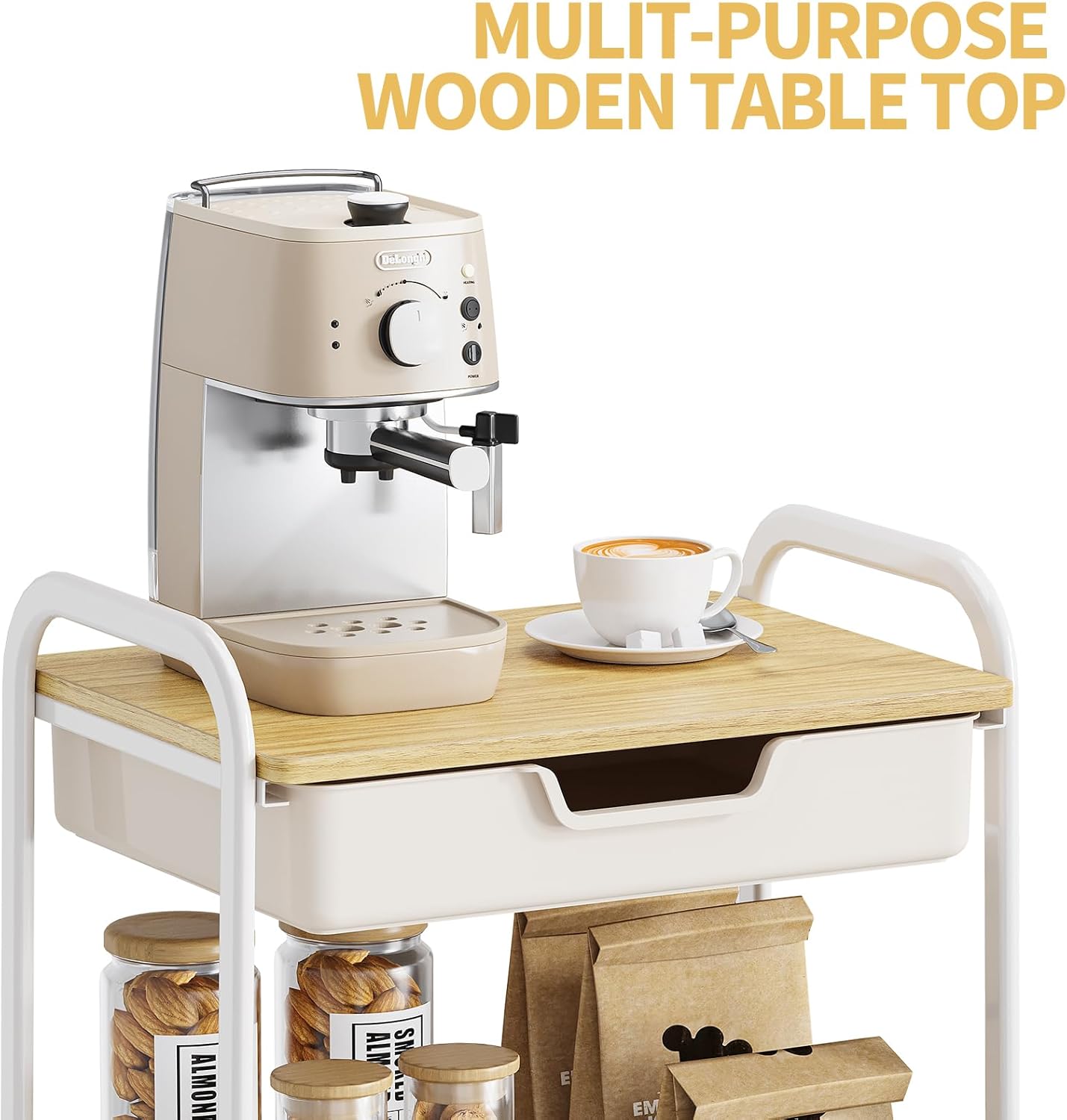 TOOLF 3-Tier Metal Utility Rolling Cart with Drawer and Wooden Table Top, Storage Cart White Trolley Kitchen Organizer Rolling Desk with Locking Wheels for Office, Classroom, Home, Bedroom