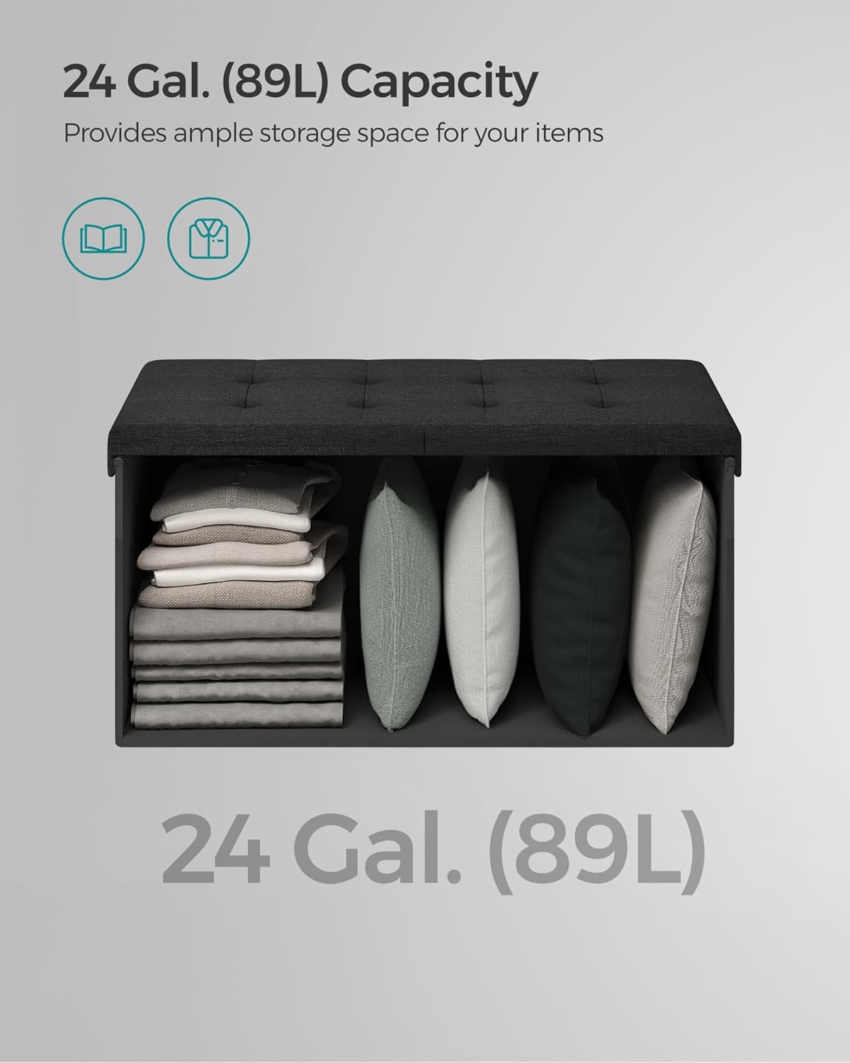 SONGMICS Mazie Collection - 30 Inches Storage Ottoman, Foldable Storage Bench with Flipping Lid, 660 lb Load Capacity, for Entryway, Living Room, Bedroom, Ink Black ULSF046B01