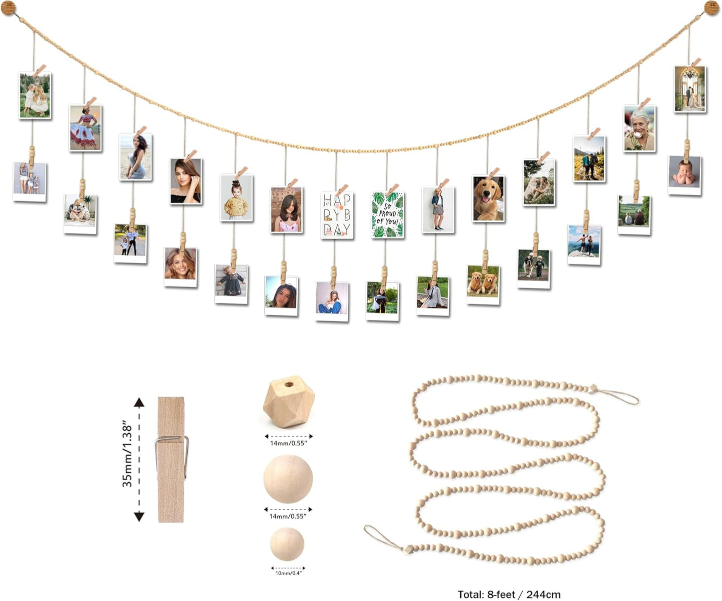 8 Feet Wooden Beads Garland with Clothespins Picture Cards Holder - Country Farmhouse Christmas Nursery Boho Holiday Decorations with Clips