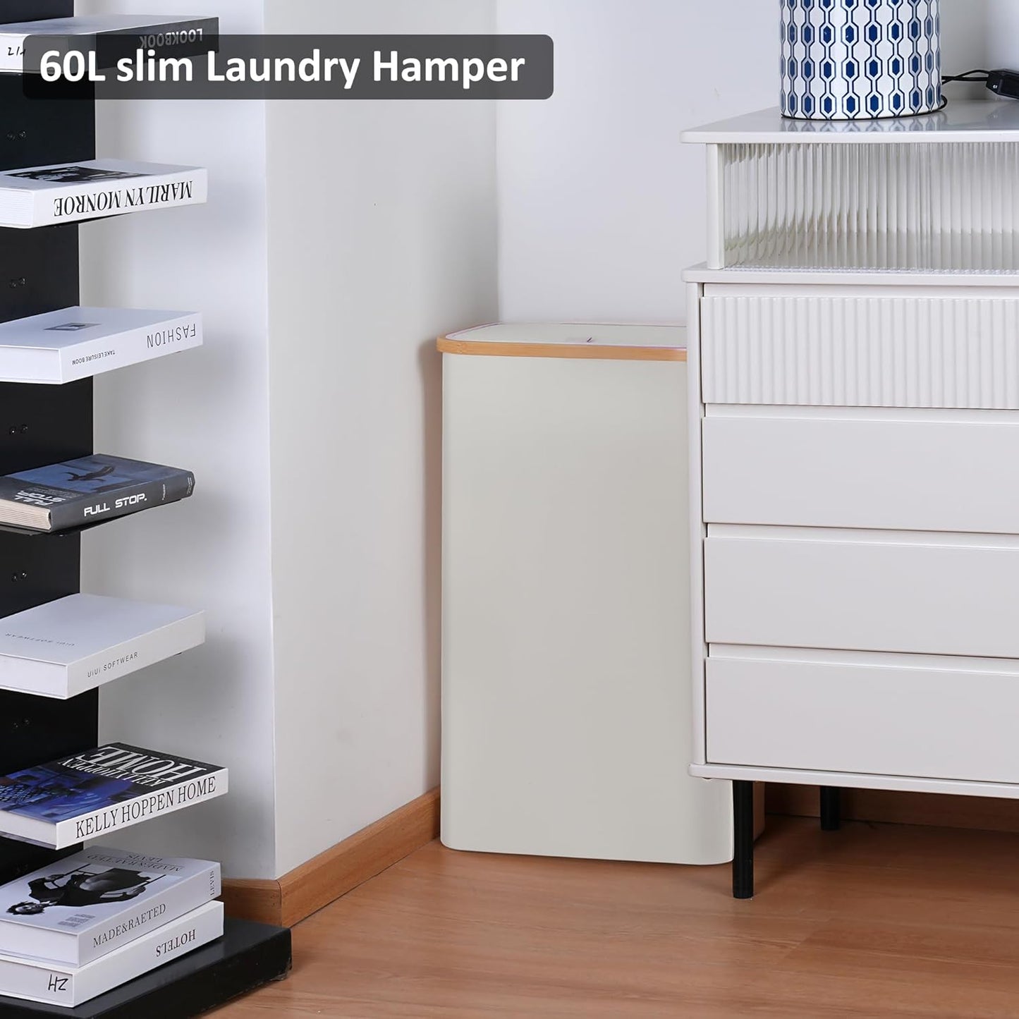 Slim Laundry Basket,Tall laundry Hamper with Lid,60L Hamper for Laundry,Dirty Cloth Hamper with Bamboo Handle for Toys,Towels, Clothes Organizing,Beige