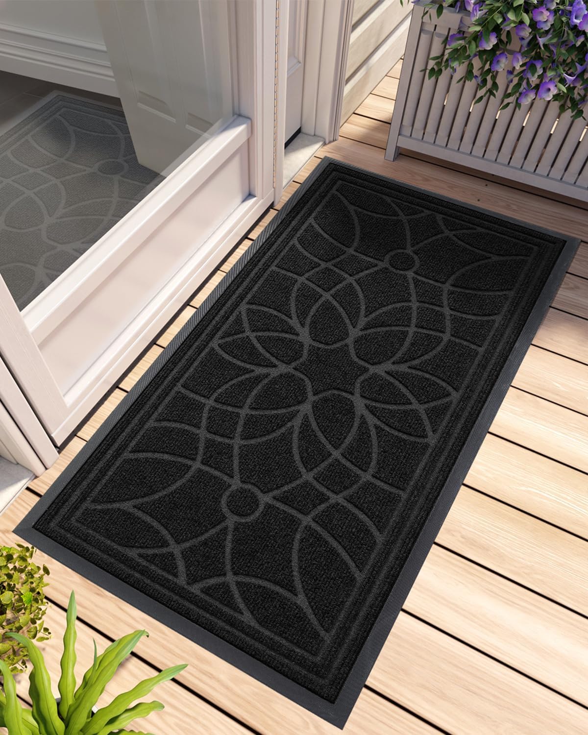 DEXI Front Door Mat Outside Entrance, Heavy Duty Non Slip Low Profile Doormat for Entryway, Trap Dirt and Moisture Welcome Mats, Easy Clean, Patio, Garage, 4x2, Black