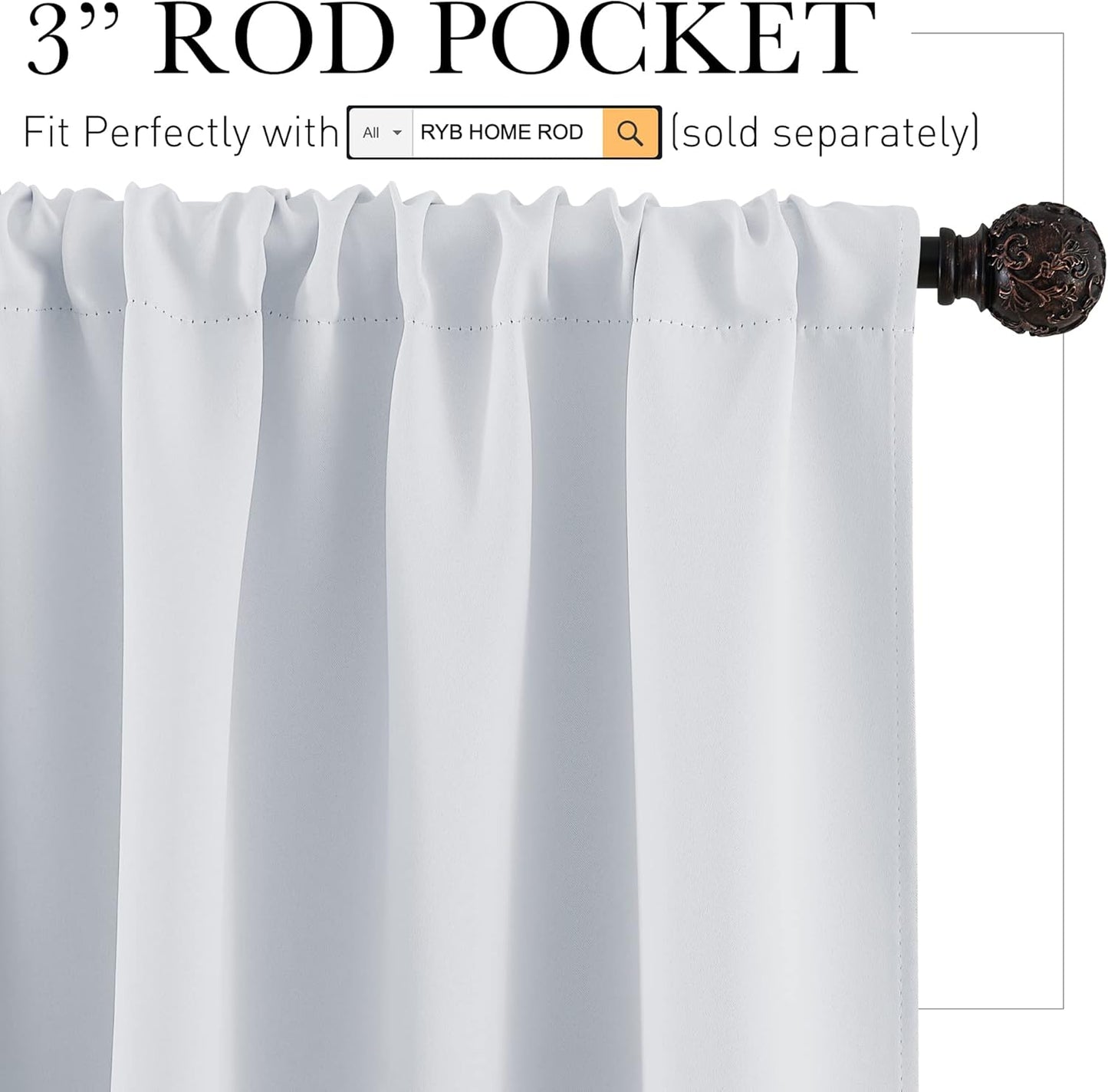 RYB HOME White Curtains 36 inches Long Room Darkening Curtains Thermal Insulated Sunlight Block for Kitchen Cabinet Bedroom Bathroom Window Covering, W 52 x L 36, Grayish White, 2 Panels