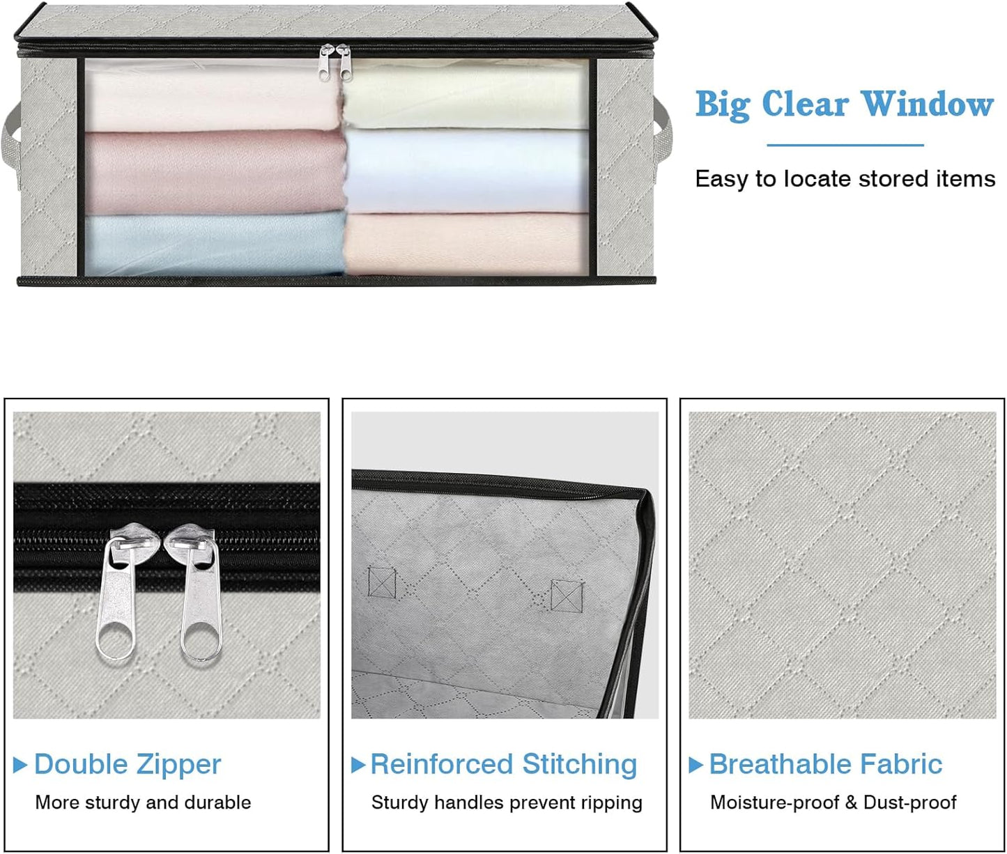 HomeHacks Storage 8-Pack Clothes Organizer Storage Bags Foldable Storage Box with Large Clear Window Sturdy Handles for Closet, Dorm, Pillows, Bedding, Clothes, Blankets, 35L, Ivory