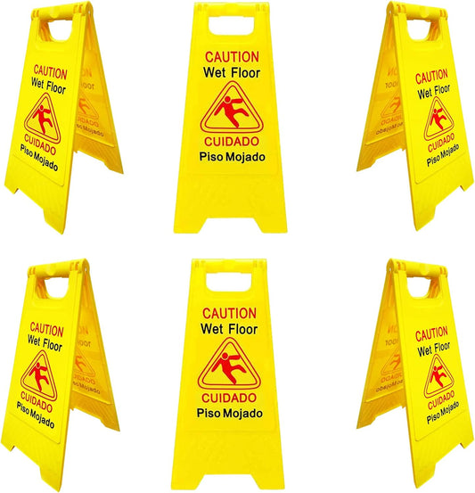 Displayforever 6 Packs Caution Wet Floor Signs for Restaurant, Restroom, Office | 2-Sided Safety Bright Yellow Bilingual Sign | Cuadado Piso Mojado| Avoid Fall & Slip Accident