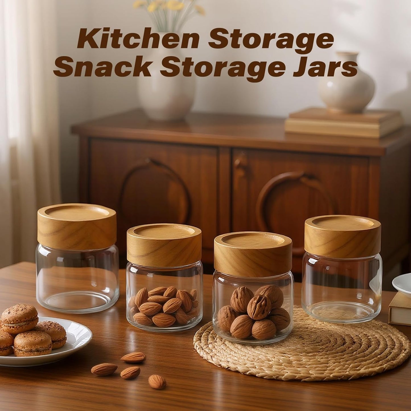 6-Pack 6 oz Airtight Food Sealed Jars with Acacia Wood Lids - Glass Meal Prep Containers for Overnight Oats, Snack Storage, Chia Pudding, Pantry Organization Essentials