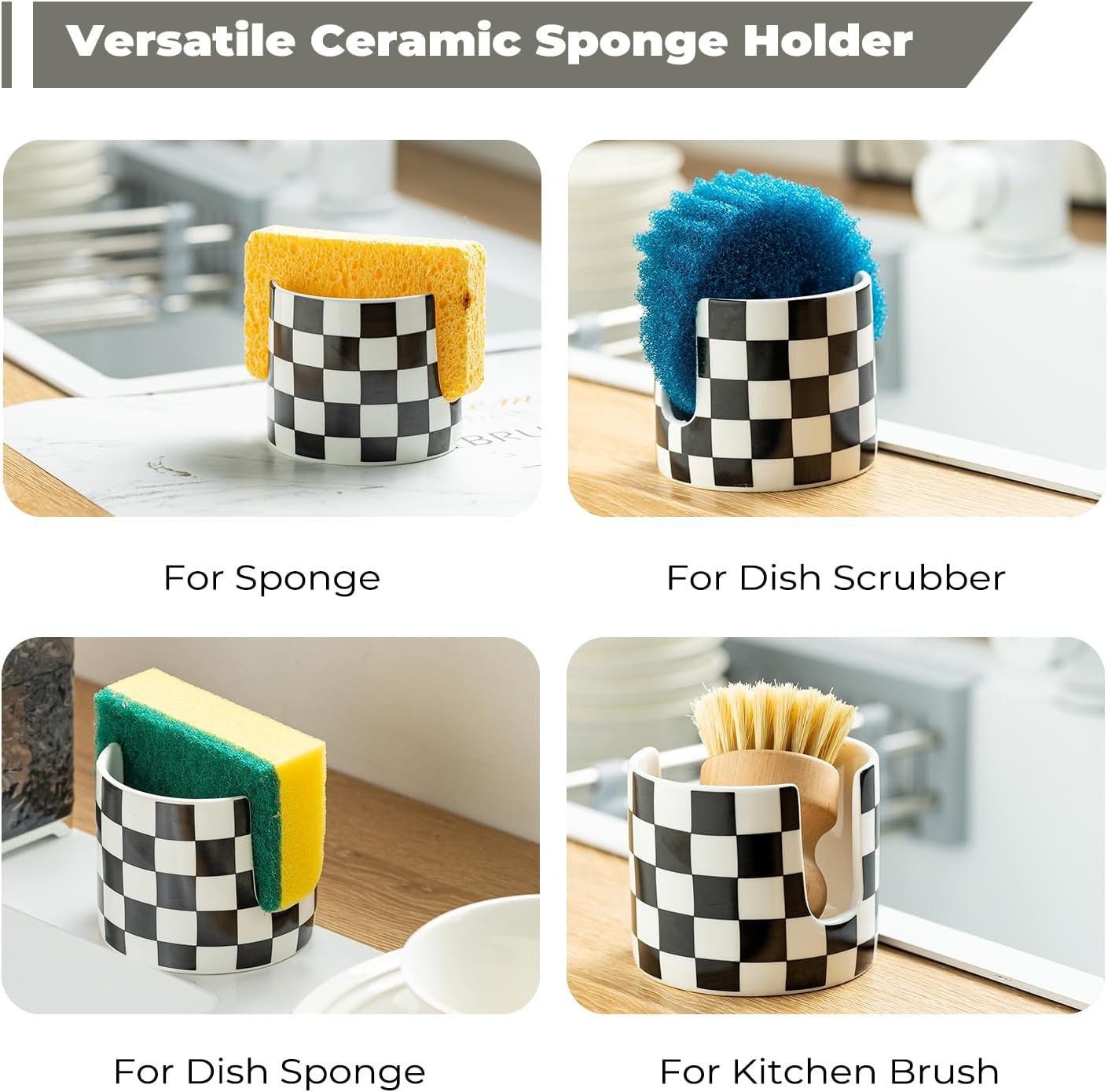 Checkered Kitchen Sink Sponge Holder, Dish Sponge Rack Ceramic Brush Holder Farmhouse Kitchen Dish Rack for Brush, Scrubbers, Bathroom, Sink, Black and White