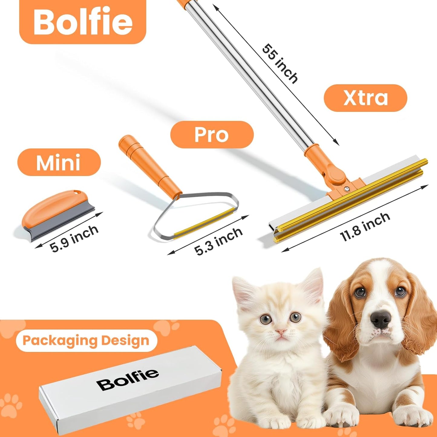 3 in 1 Carpet Rake for Pet Hair Removal, Tool Set of 3, 55” Long Handle Carpet Pet Hair Removal Carpet Scraper Dog Cat Hair Remover for Sofa, Couch, Car, Rug (Orange)