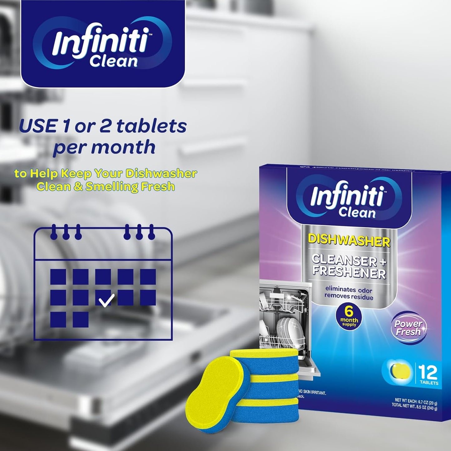 Dishwasher Cleaner and Deodorizer Tablets - Deep Clean Dishwasher Cleaner Tablets, Septic Safe, Natural Limescale Remover - Compatible with All Models (12 Pack)