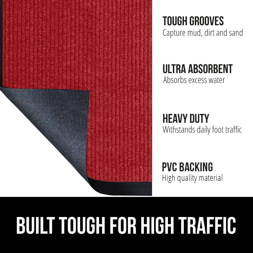 GORILLA GRIP Traffic Guard Door Mat, 72x48, Heavy Duty Welcome Mats, Commercial Office Space Doormat, Waterproof, Fade Resistant, Strong Rubber Backing, Low Profile, Shoe and Boot Scraper, Red