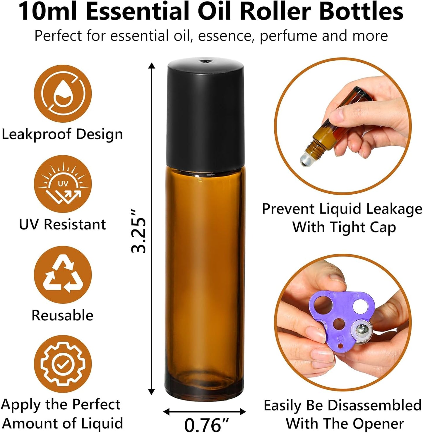 KEYWING 10ml Amber Roller Rottles for Essential Oils - 24PCS Glass Roll on Bottles with Black Caps & Stainless Steel Roller Balls, Empty Perfume Refillable Bottle for Travel