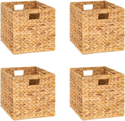 10.5 x 10.5 Storage Cubes – Water Hyacinth Wicker Baskets for Organizing, Wicker Storage Cubes, Storage Baskets for Shelves (4 Packs 10.5in)