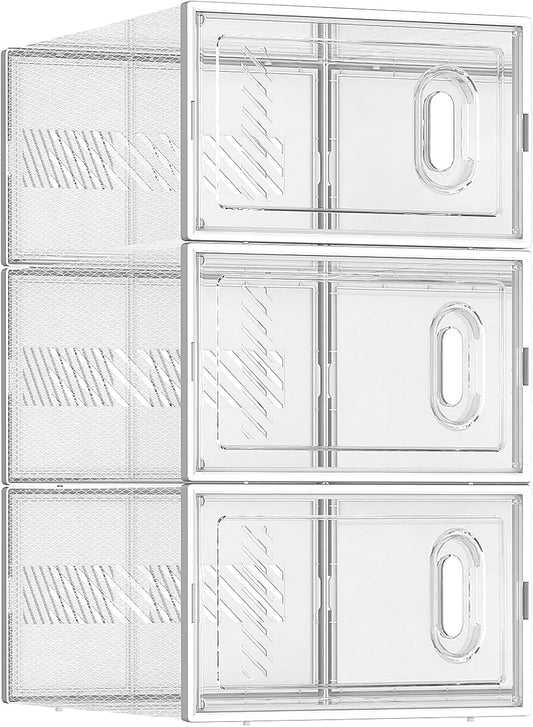 BALEINE 3 Pack Stackable Shoe Storage Boxes Fit Size 9, Thickened Clear Shoe Box Bins with Lids, Plastic Foldable Shoe Rack Organizer Sneaker Storage Containers (Large, White)