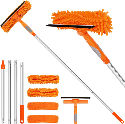 Professional 72'' Window Squeegee Cleaning Washing Tool/Kit with Extension Pole, 3 in 1 Squeegee for Window Cleaning Kit for High Window with 1 Rotatable Head 4 Interchangeable Scrubber