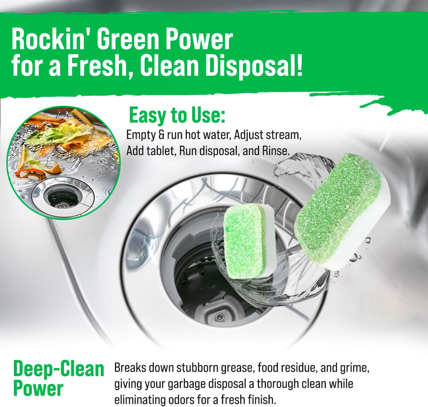Rockin' Green Deep Cleaning and Deodorizing Tablets for Dishwashers, Washing Machines, and Garbage Disposals, Removes Odor and Residue (Garbage Disposal Cleaning Tablets, 8 Pack)