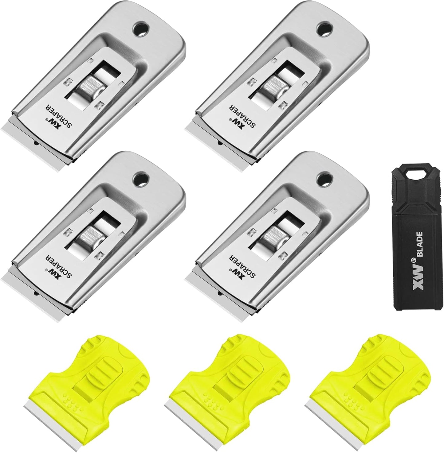 XW 7-Pack Razor Scraper Set, 4 PCS All-Metal Razor Blade Scrapers and 3 PCS Mini Plastic Scrapers, Extra 22 PCS Razor Blades Included