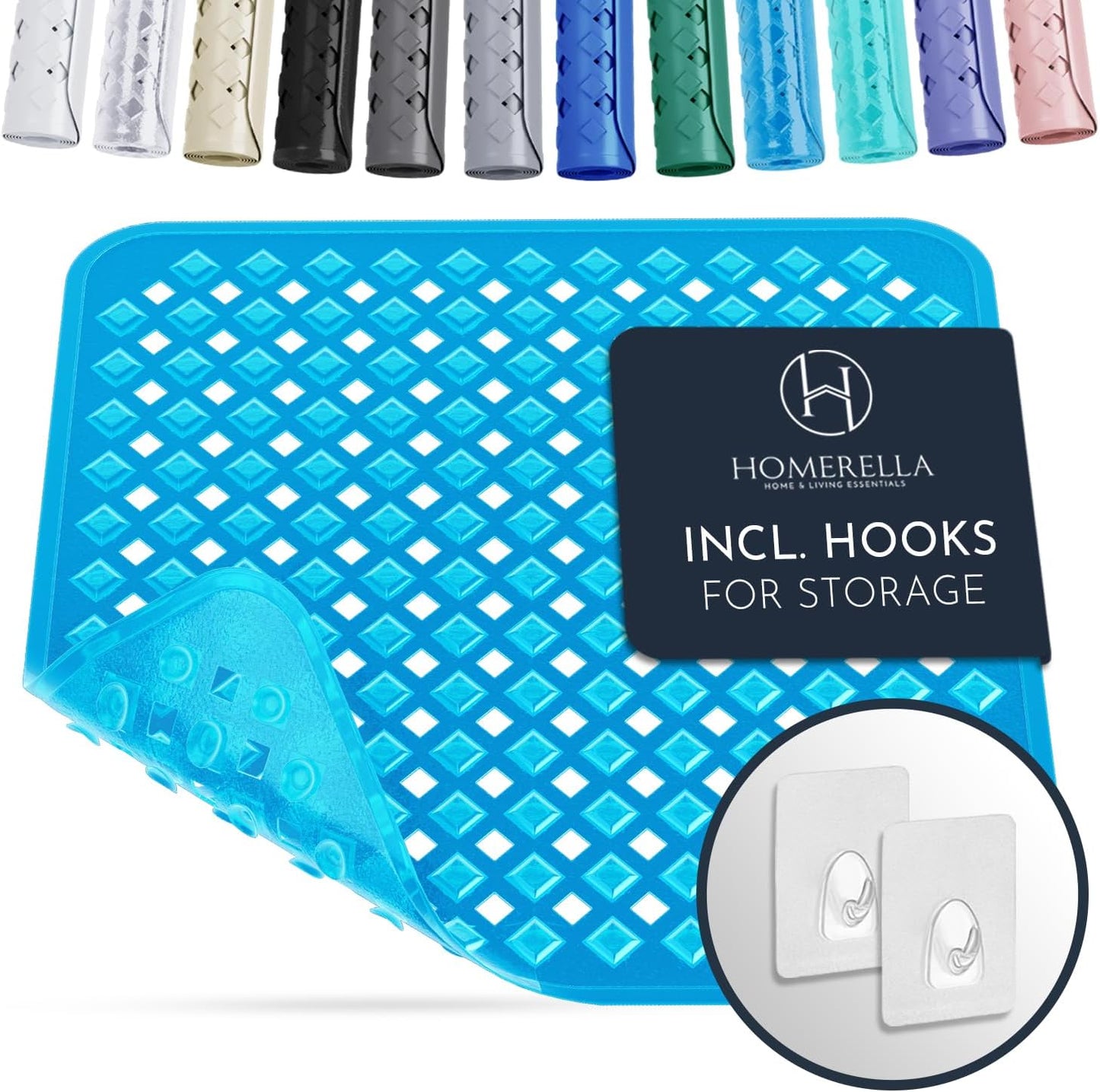 Homerella Anti Slip Shower Mat | Anti Mold Non Slip Bathtub Mat for Inside Shower | Square Floor Shower Mat 21 x 21 inch with Suction Cups for Grip & Hooks Hanging and Quick Drying | Machine Washable