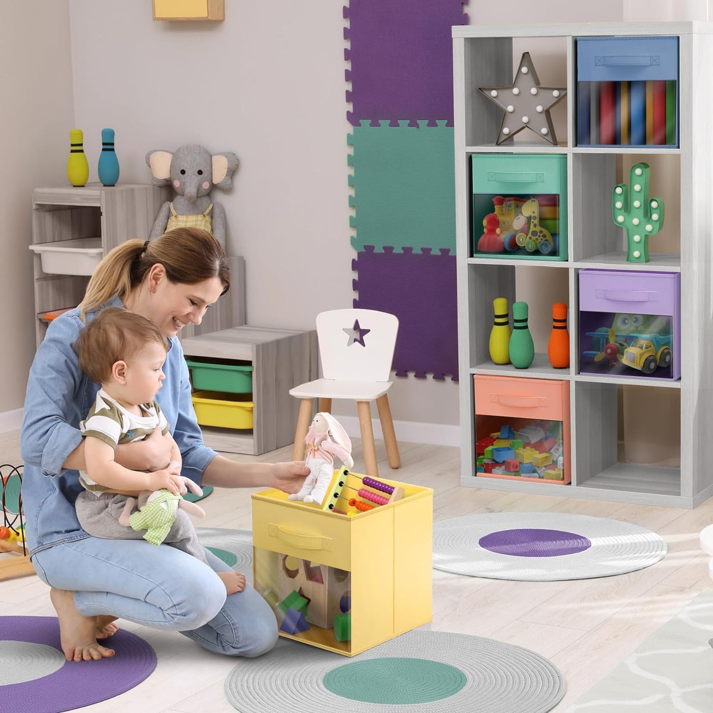 Sorbus 11 Inch Storage Bins with Clear Window - 6 Foldable Baskets for Organizing Clothes, Toys, Books - Sturdy Collapsible Fabric Storage Cubes with Handle - Storage Baskets for Shelves, Closets