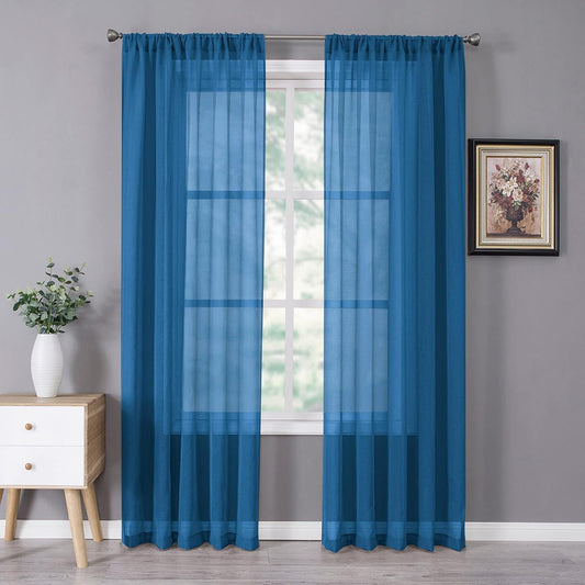 Tollpiz Sheer Curtains Bedroom Linen Textured Curtain Sheers Light Filtering Voile Rod Pocket Curtains for Living Room, 38 x 84 inches Long, Classic Blue, Set of 2 Panels