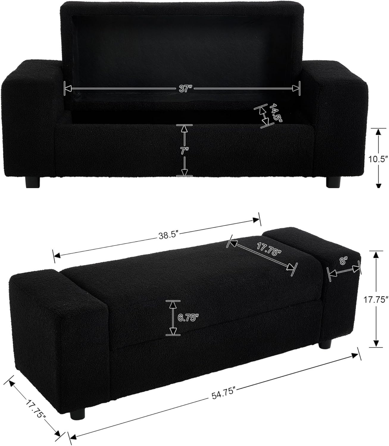 Teddy Storage Ottoman Bench,55 Inch Upholstered Boucle Comfy Sherpa End of Bed Bench with Large Storage for Bedroom/Living Room/Entryway/Closet(Black)