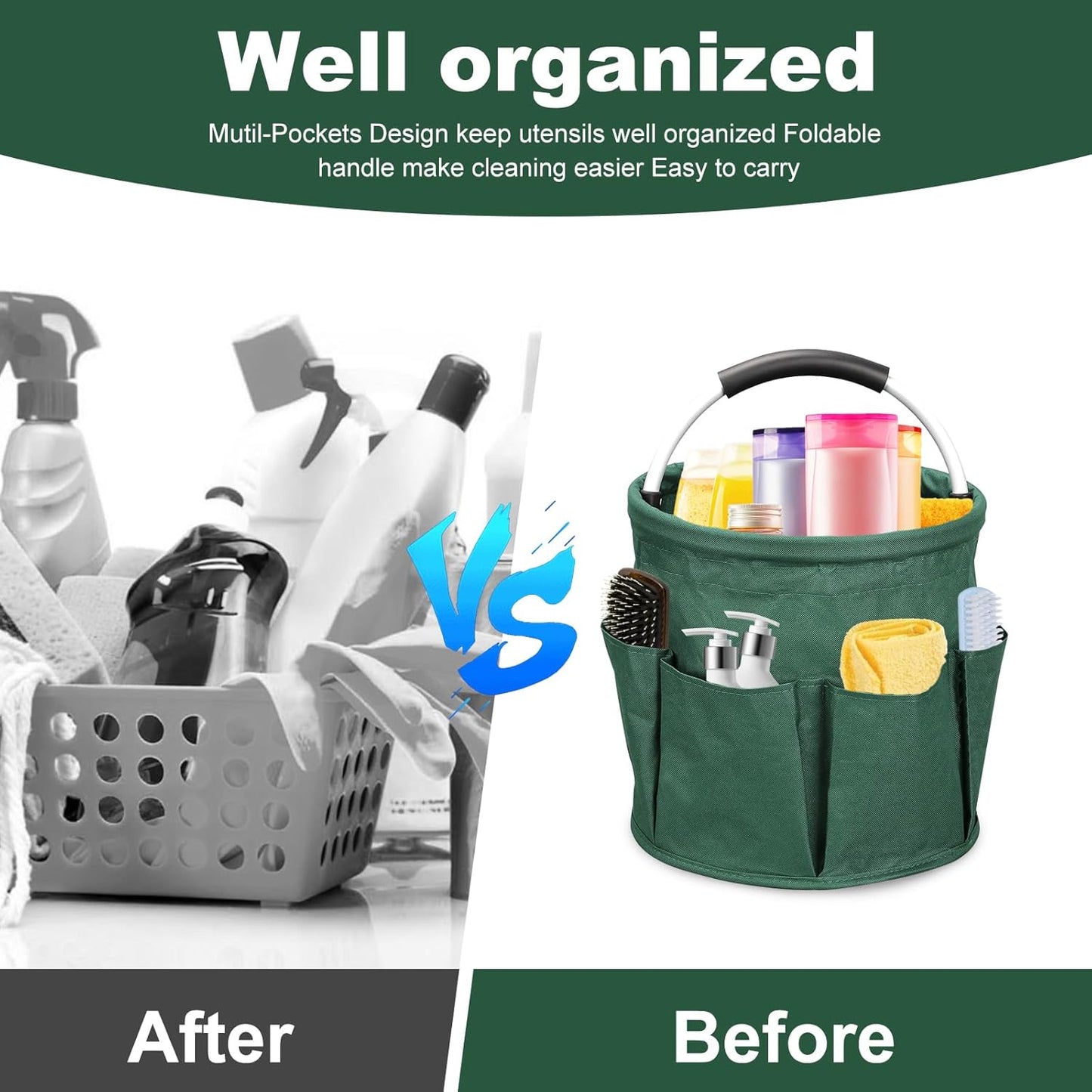 Qivine 17L Cleaning Caddy with Handle, Cleaning Supply Caddy Foldable Cleaning Caddy Cleaning Products Organizers Portable Cleaning Bucket Organiser for Storing Towels (Green)