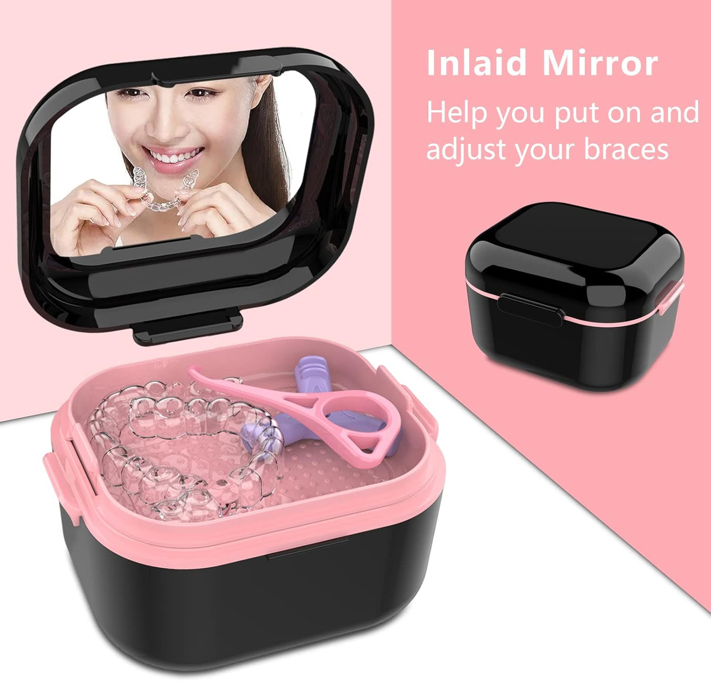 BVN Denture Bath Denture Case: Denture Cup for Soaking Dentures, Retainer Cleaner Case with Mirror, Mouth Guard Case, Aligner Case, Retainer Holder, Night Guard Case, False Teeth Container Black