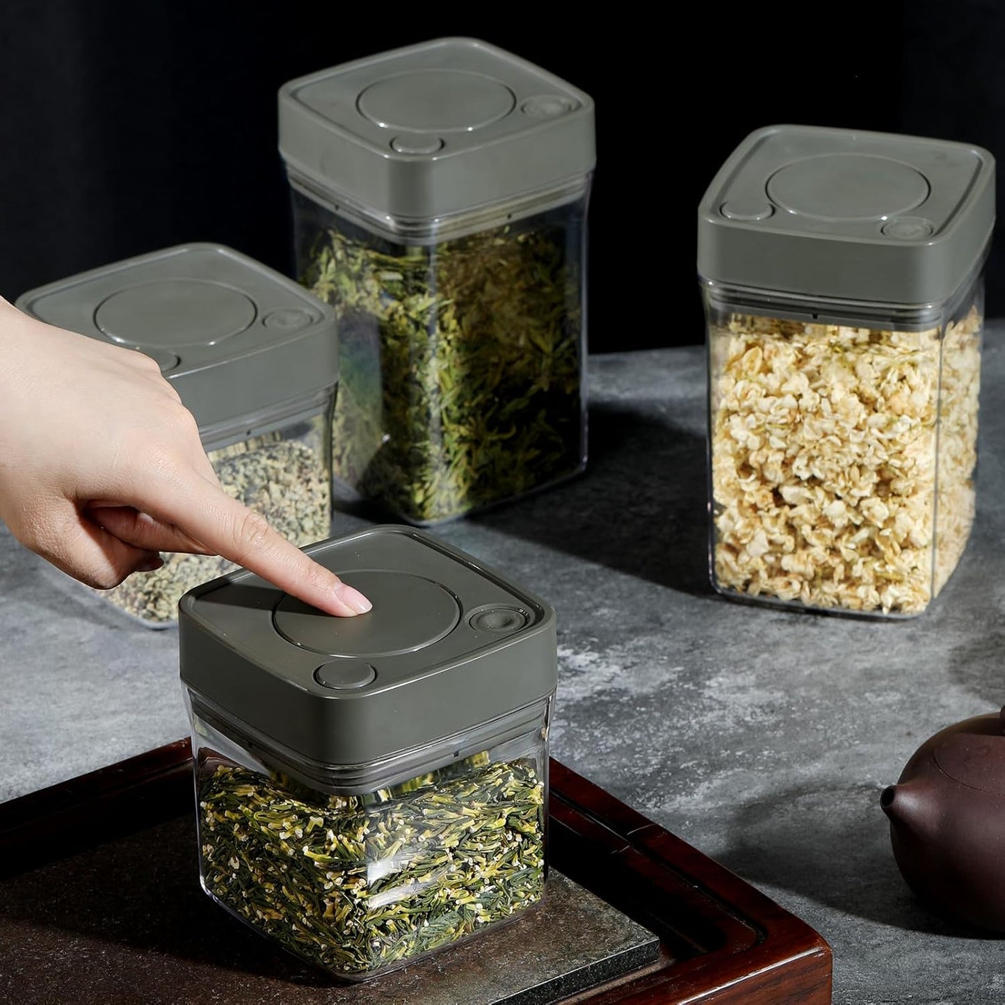 Manual Vacuum Jar With One-Button Vacuum Pump, Airtight Food Cereal Containers Storage With Lids (grey-4pc)