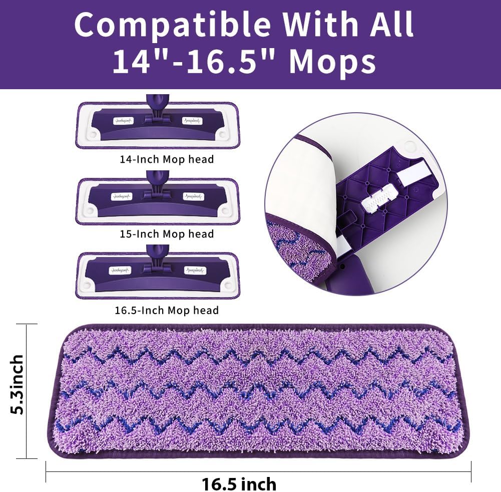 16.5 inch Mop Pads Refills, 3 Pack Microfiber Reusable Replacement Mop Pads Flat Replacements Heads for Wet Or Dry Floor Cleaning and Scrubbing, Purple Cloth