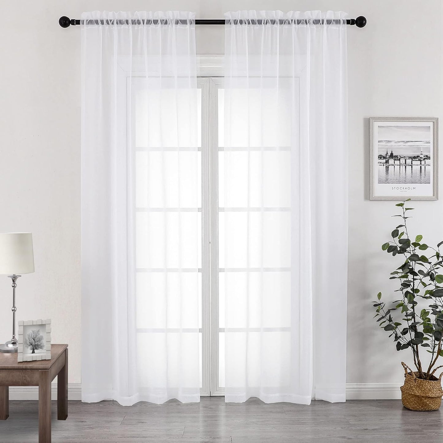 Chyhomenyc White Sheer Curtains 96 inches Long 2 Panels Set, Light Filtering Airy Solid Voile Window Treatment Drapes for Bedroom Living Room, Each 42Wx96L, 8FT Long, Set of 2, White