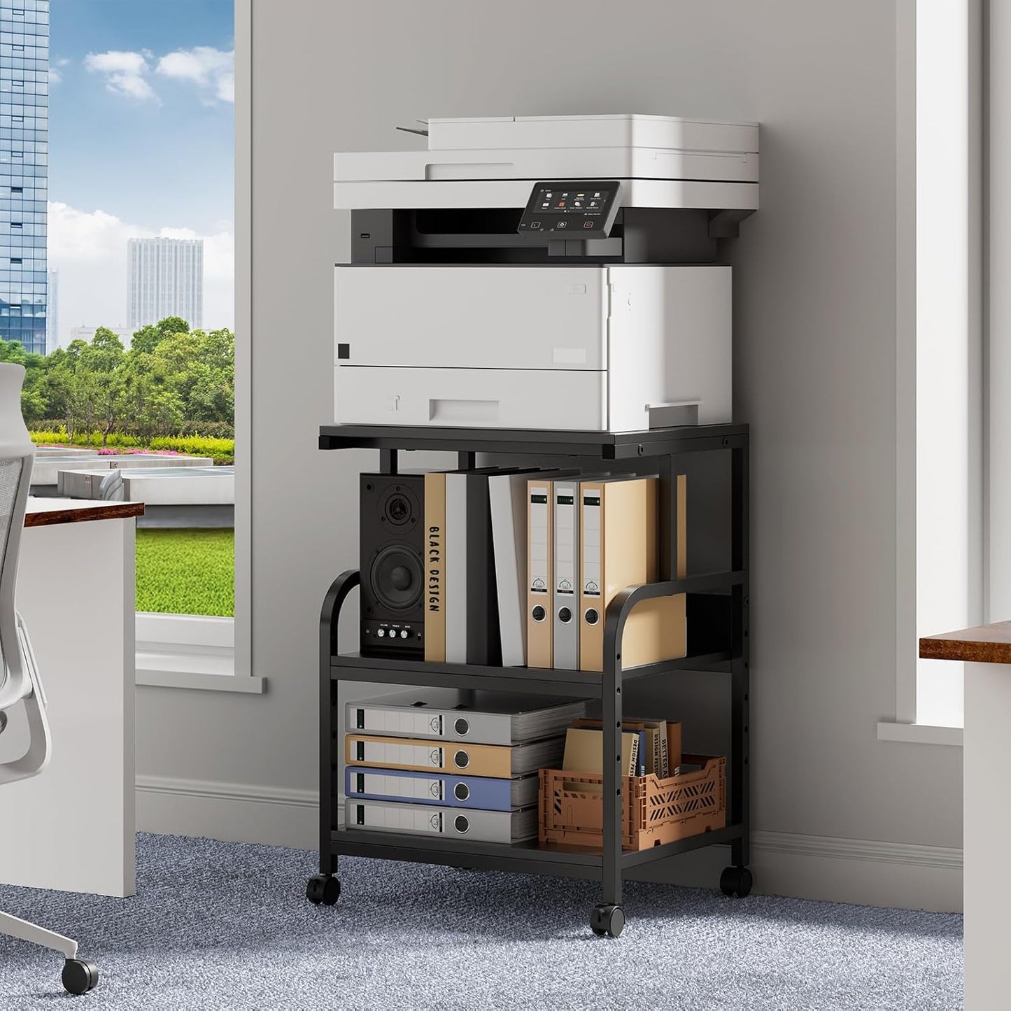 Printer Stand, 20×16×28'' Metal Printer Table with Wheels, 3 Tier Rolling Cart with Adjustable Storage Shelf, Space Saving 3D Printer Desk for Home Office, Mini Fridge & Heat Press Stand, Black