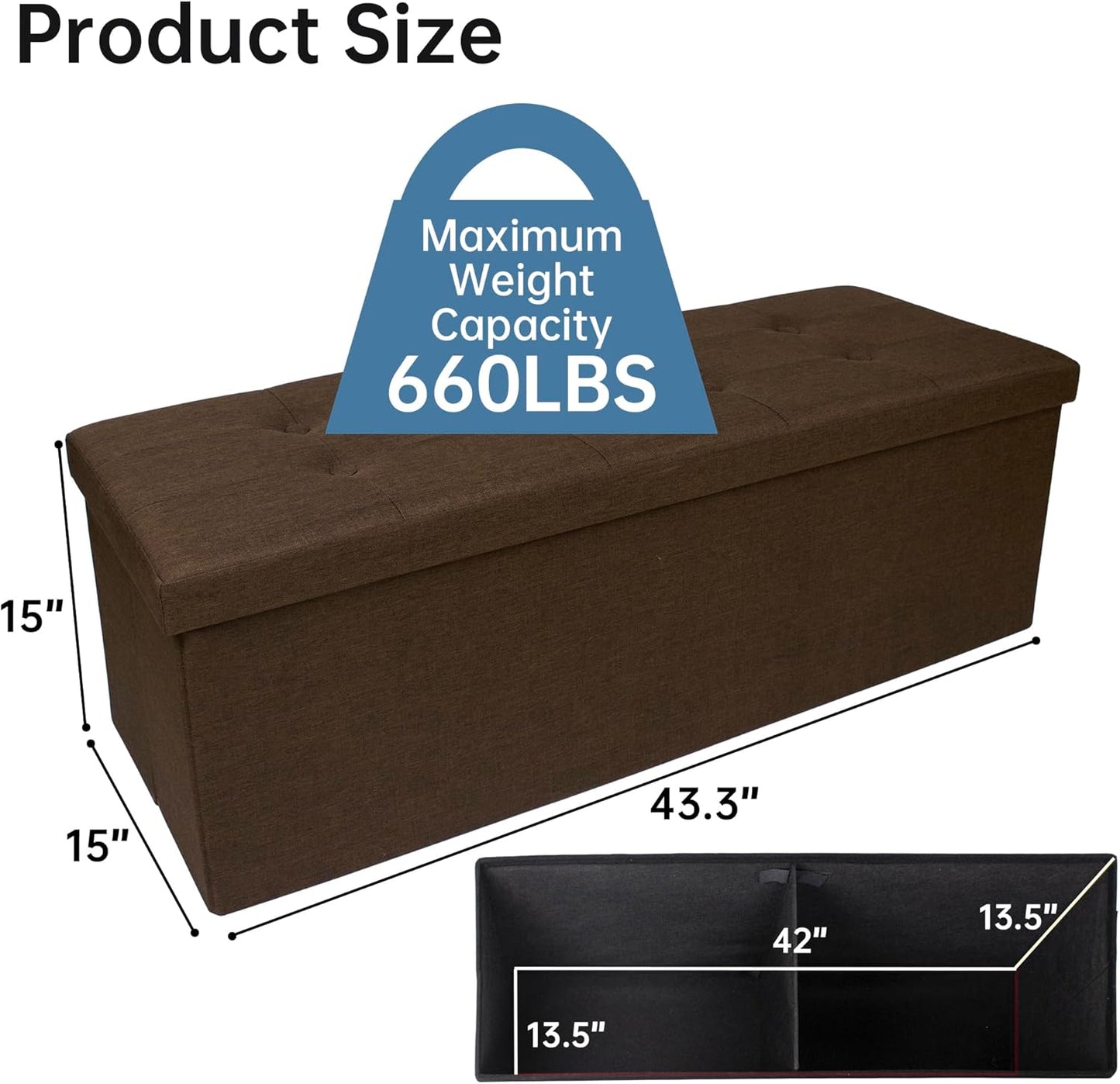 GLAXYFUR 43 Inches Folding Storage Ottoman Bench, Storage Chest, Footrest for Entryway, Living Room, Holds up to 660 lb, Brown