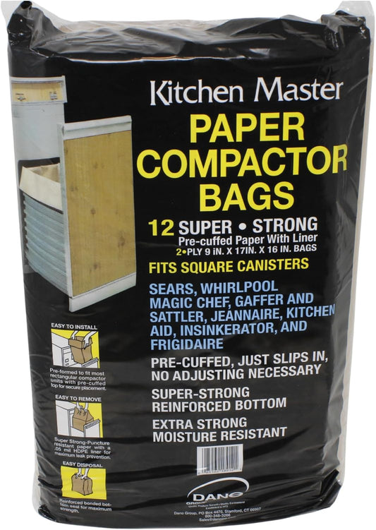 Kitchen Master Super Strong Compactor Bags (12 Pack) | Precuffed, Garbage Compactor Bags, Kitchen Liner, Paper Trash Bin Press, Kitchen Essential, Paper Garbage Press Liner