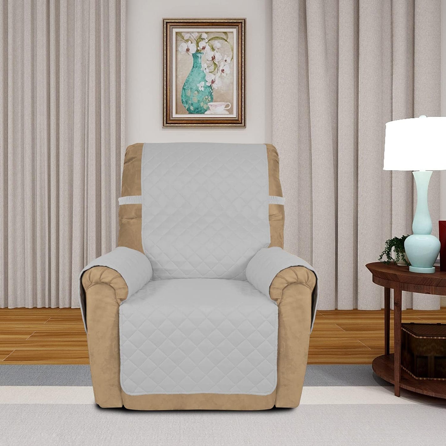 PureFit Reversible Quilted Sofa Cover, Water Resistant Slipcover Furniture Protector, Washable Couch Cover with Non Slip and Elastic Straps for Kids, Dogs, Pets (Small Recliner, Light Gray/Ivory)