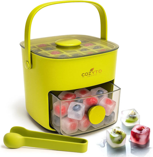 COZYTO CubeGo Ice Cube Tray with Lid and Storage Bin – One-Press Release, 48 Mini Ice Cubes, BPA-Free, Odor-Proof, Includes Scoop – DIY Fruit Ice for Cocktails, Drinks & Smoothies (Avocado Green)