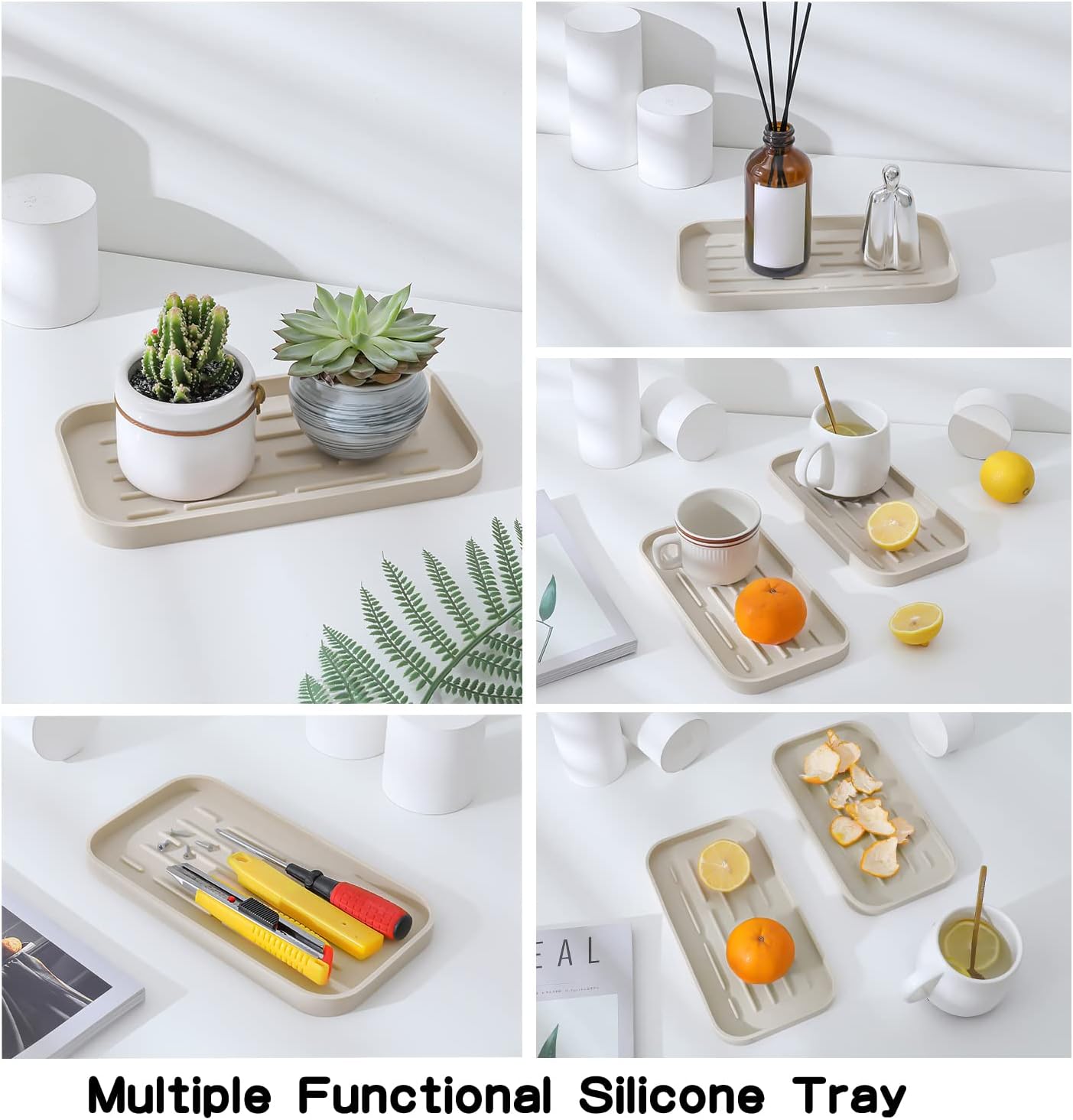 Silicone Kitchen Sink Organizer Tray for Multiple Usage,Eco-Friendly Sponges Holder for Kitchen Bathroom Counter or Sink,Dish Soap Dispenser,Scrubber,Bottle,Cup (Tapioca, 10"×5.3")