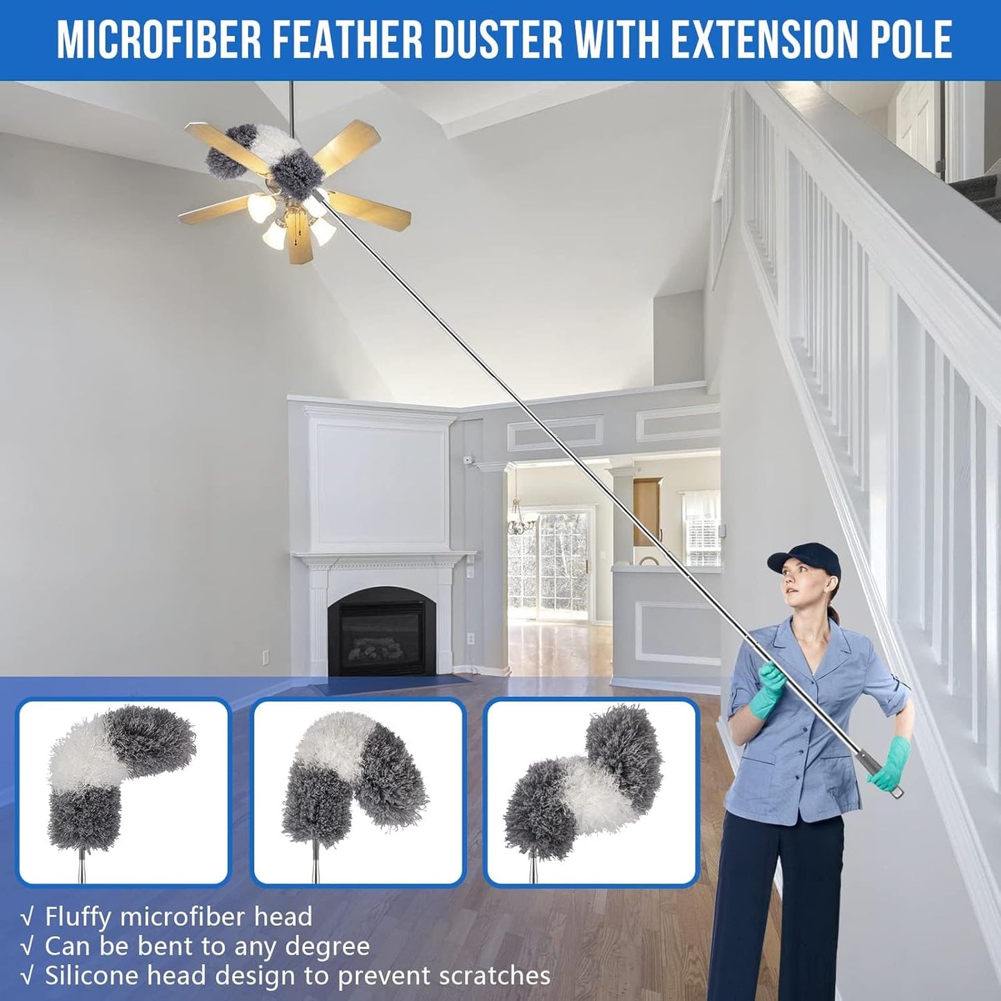 Microfiber Feather Duster 5-in-1 Kit for Dusting and Cleaning – 30–100" Extension Pole, Anti-Slip Grip, Bendable Washable Heads for Ceiling Fan, Furniture, Car (Blue)