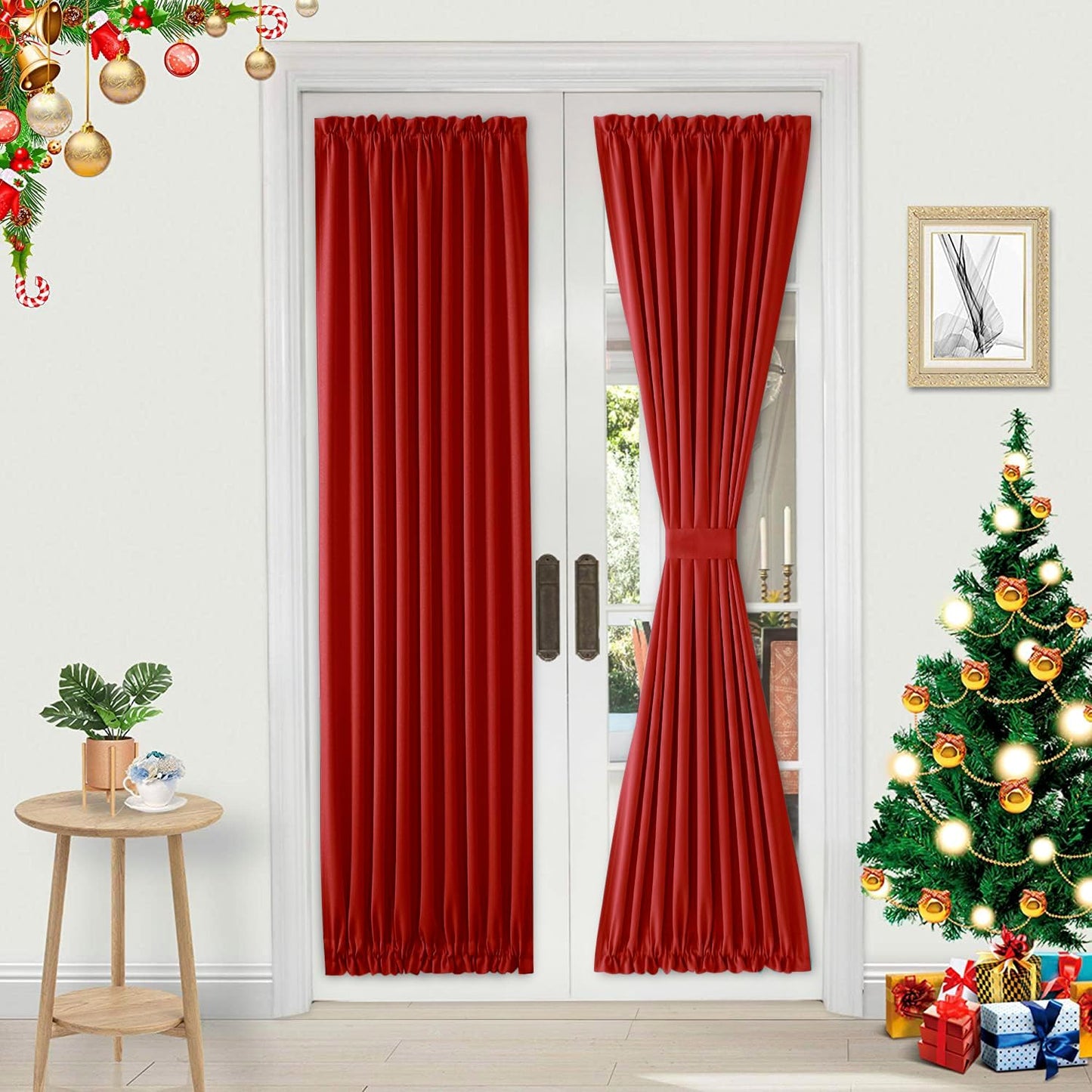DWCN French Door Curtains – Rod Pocket Thermal Blackout Curtain for Doors with Glass Window, Christmas, Kitchen and Patio Doors for Privacy, 25 X 72 Inches Long, 1 Curtain Panel with Tieback, Red